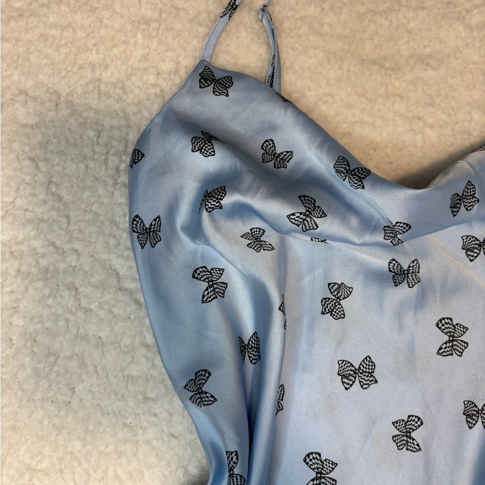 Forever 21 Women Blue Bow Print Satin Slip Mini Dress - Picture 4 of 11